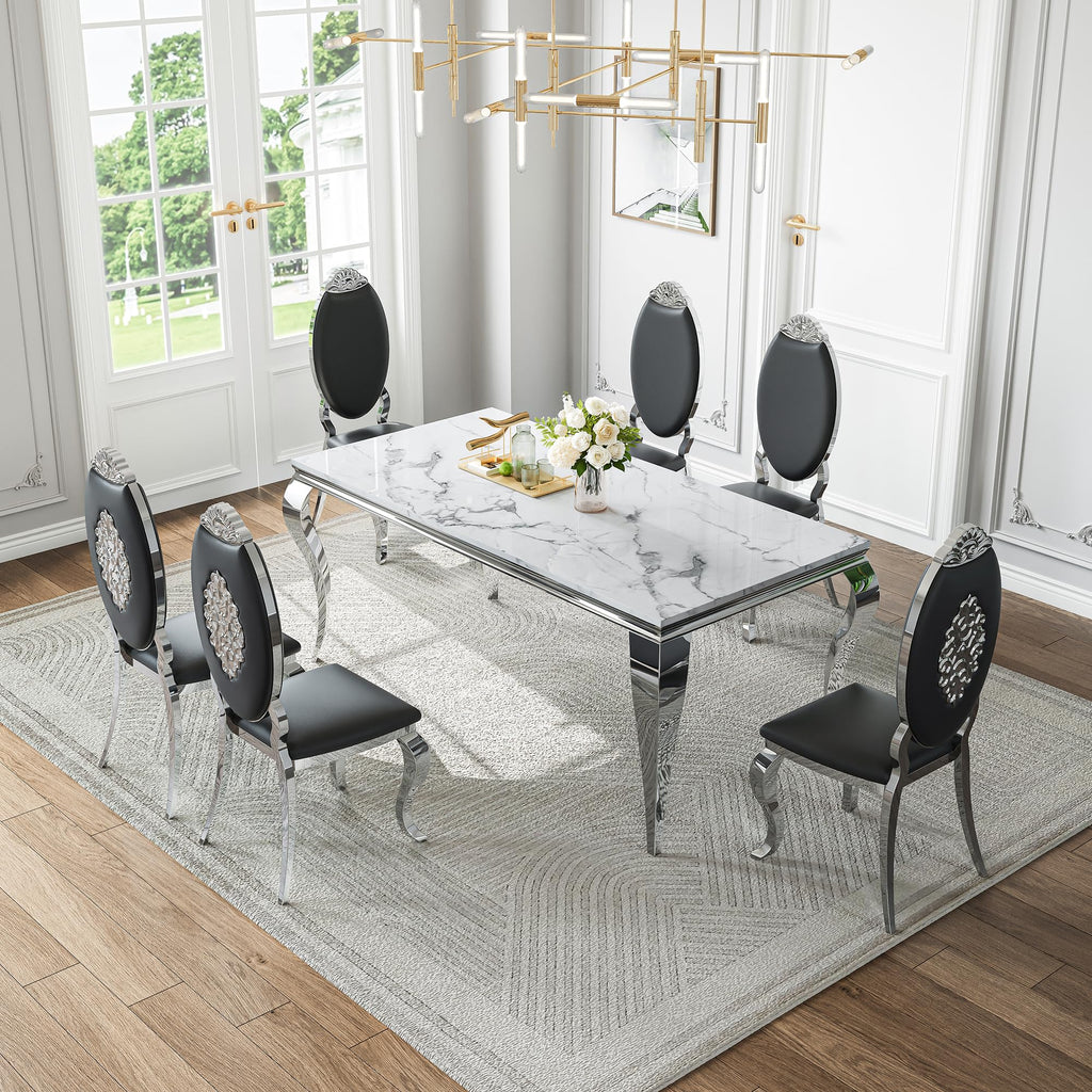 Modern Marble Dining Table Set of 7, 70" Faux Marble Kitchen Table with 6 Leather Upholstered Chairs, White Marble