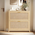 Boho Shoe Storage Cabinet Slim, Entry Shoe Cabinet with Rattan-Look Flip Drawers, Rounded Corners