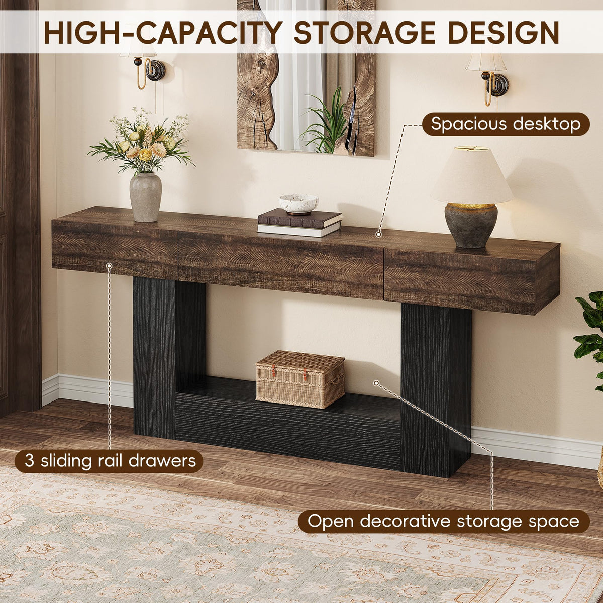 79" Long Farmhouse Console Table w 3 Storage Drawers, 2-Tier Entryway Table