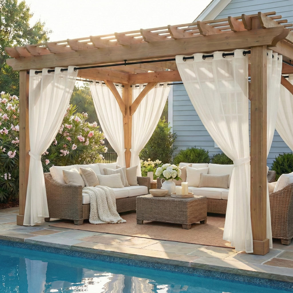 Waterproof Indoor/Outdoor Sheer Curtains - 2 Panels Wide Grommet Voile Curtains, Porch, Pergola, Cabana, 84 x 96