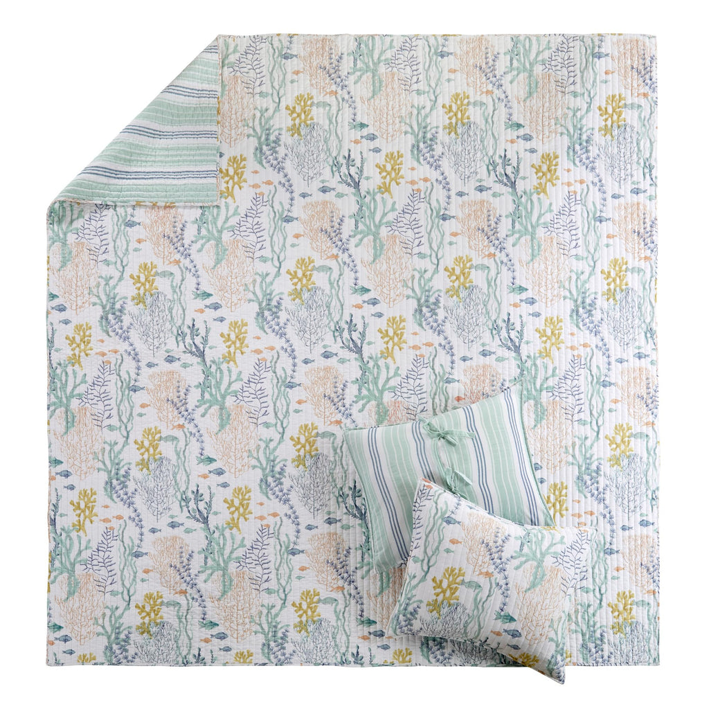 Ocean Meadow Quilt Set - Quilt and One Standard Sham - Coastal - Teal, Blue, Coral, White and Ochre - Quilt