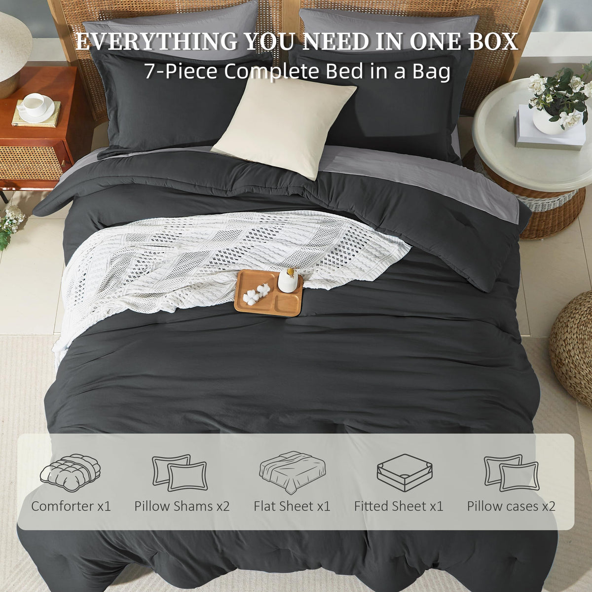 Prewashed Comforter Set 7 Pieces, Drak Gray Bed Set