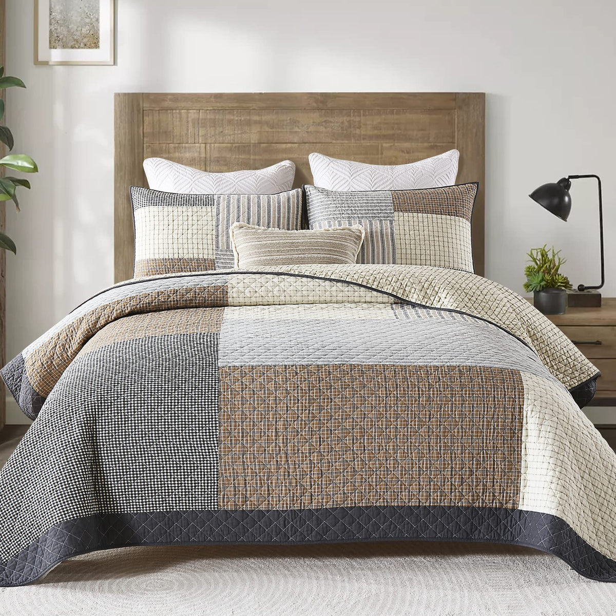 Quilt 100% Cotton Lightweight Soft Quilt Real Patchwork Plaid Quilted Bedspread Brown Beige Gray