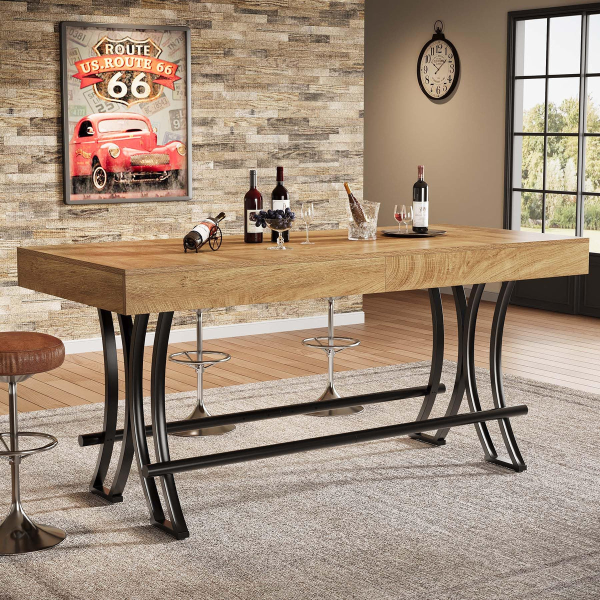 63" Counter Height Bar Table with Metal Footrest, Rectangular Tall Kitchen Dining Pub Table, Industrial Home Bar Unit