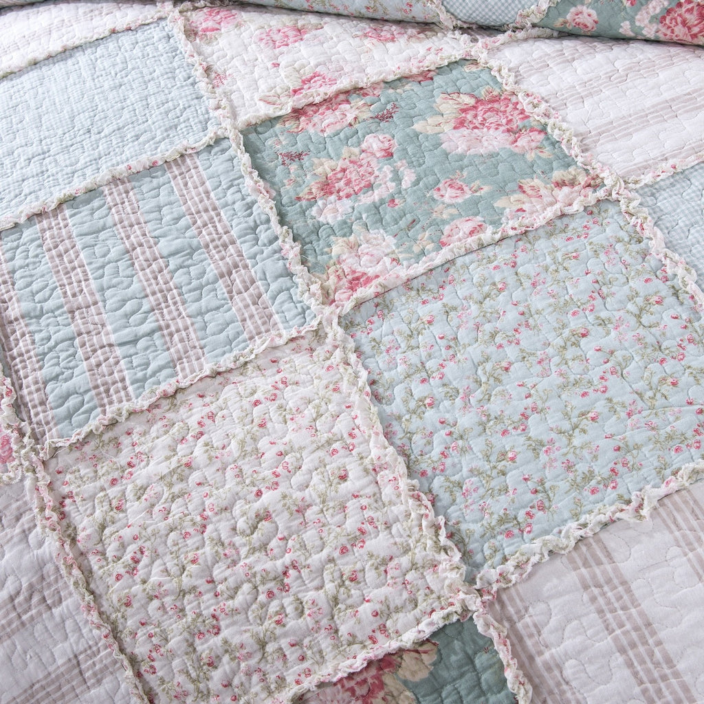 Cottage Floral Patchwork Bedspread Set - Hint of Mint Dainty Quilted Cotton Blooming Garden Botanical - Multi