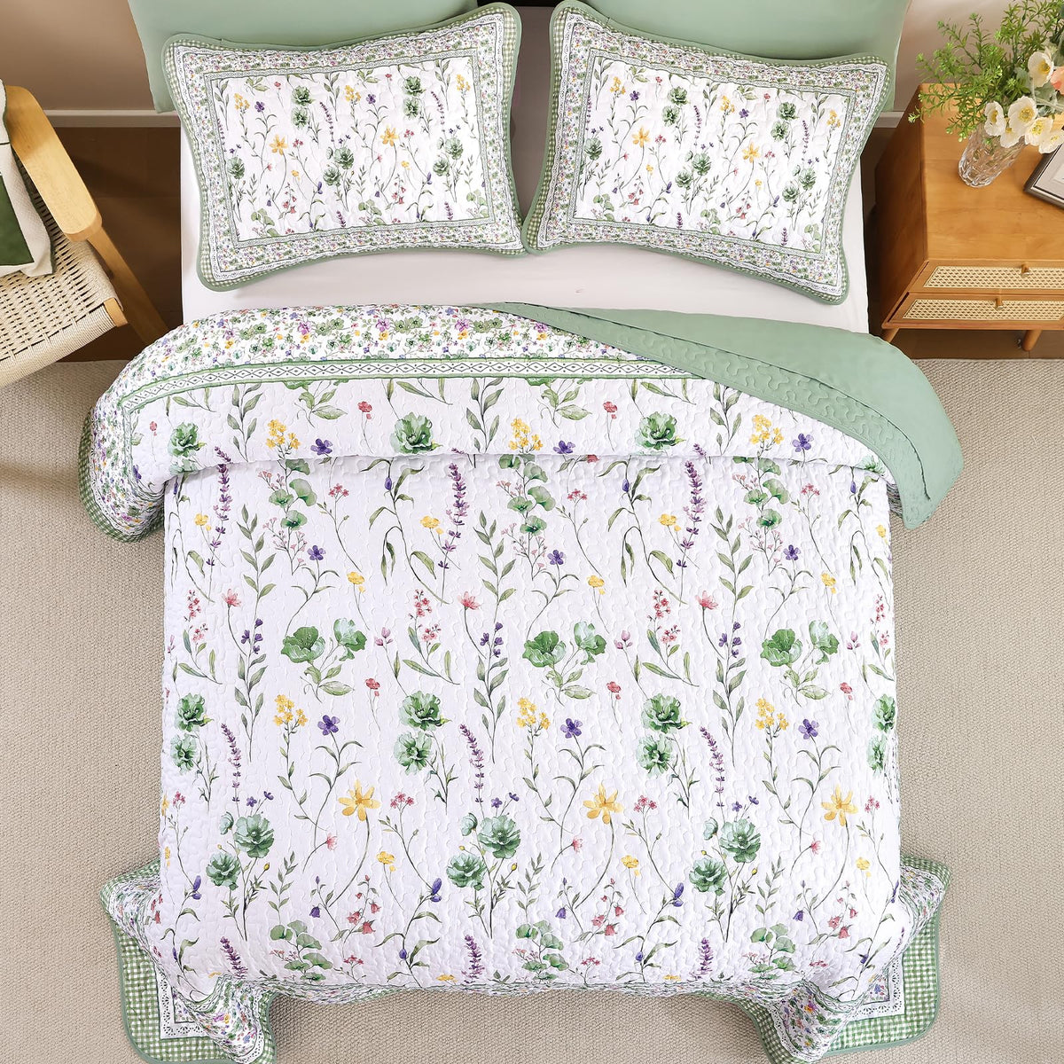 Floral Quilt Set, 3 Pcs Green Bedspreads Coverlet Set