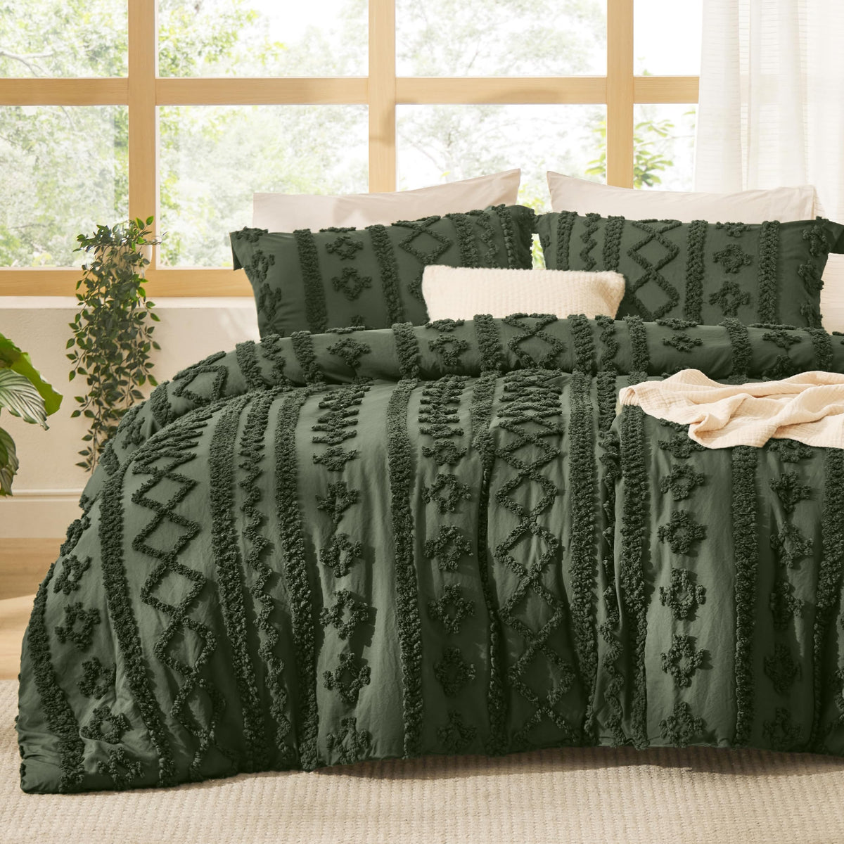 Boho Comforter Set Queen, Bedroom Decor Bedding Set Olive Green