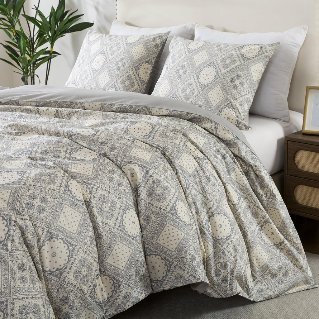 Duvet Cover King Size - 100% Cotton Comforter Cover, Checked Bed Linen Sets with Zipper Closure and Corner Ties