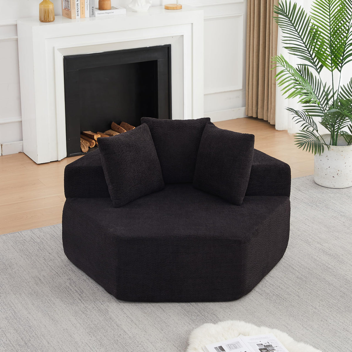 54" Hexagonal Lounge Chair Indoor with 3 Pillows, Black