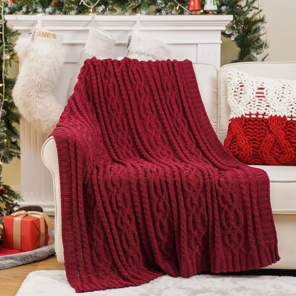 Christmas Dark Red Throw Blanket for Couch, Bed, Sofa, 51"x67", Woven Chenille Knit Throw Blankets, Gift Blanket