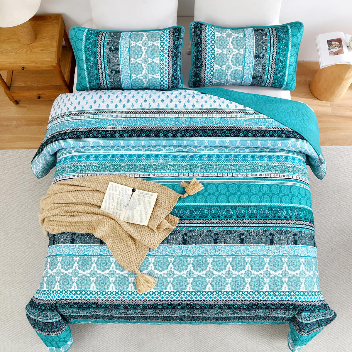 Boho King Quilt Set, 3 Pcs Teal Bedspread Covrtlet Set