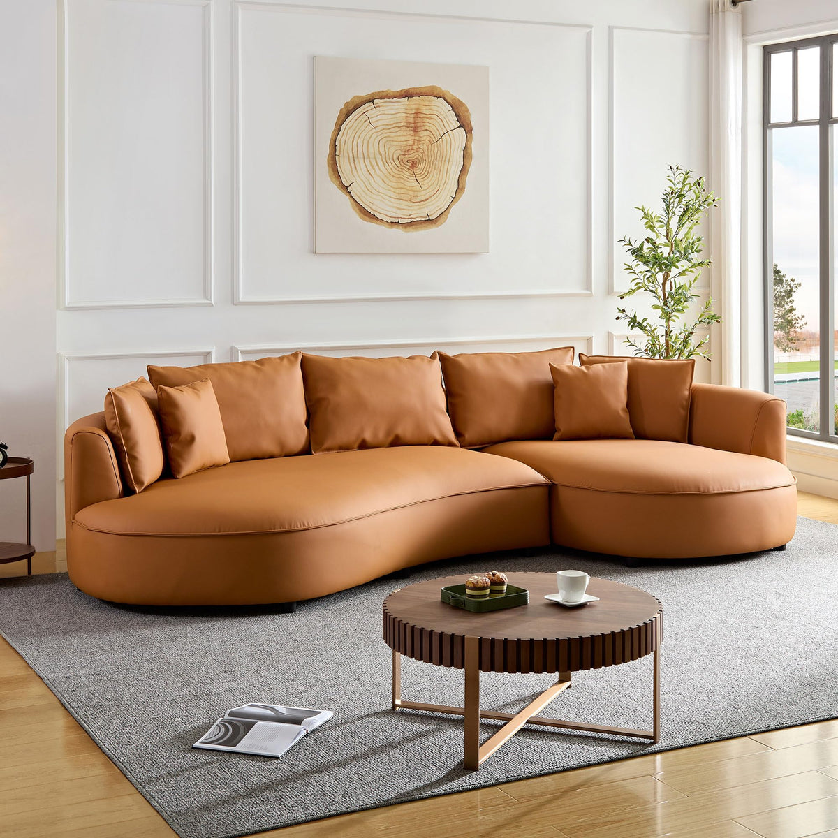 128.7" Oversized Curved Modular Bonded Leather Sectional Sofa with Chaise and 7 Pillows, Deep Seat L-Shape