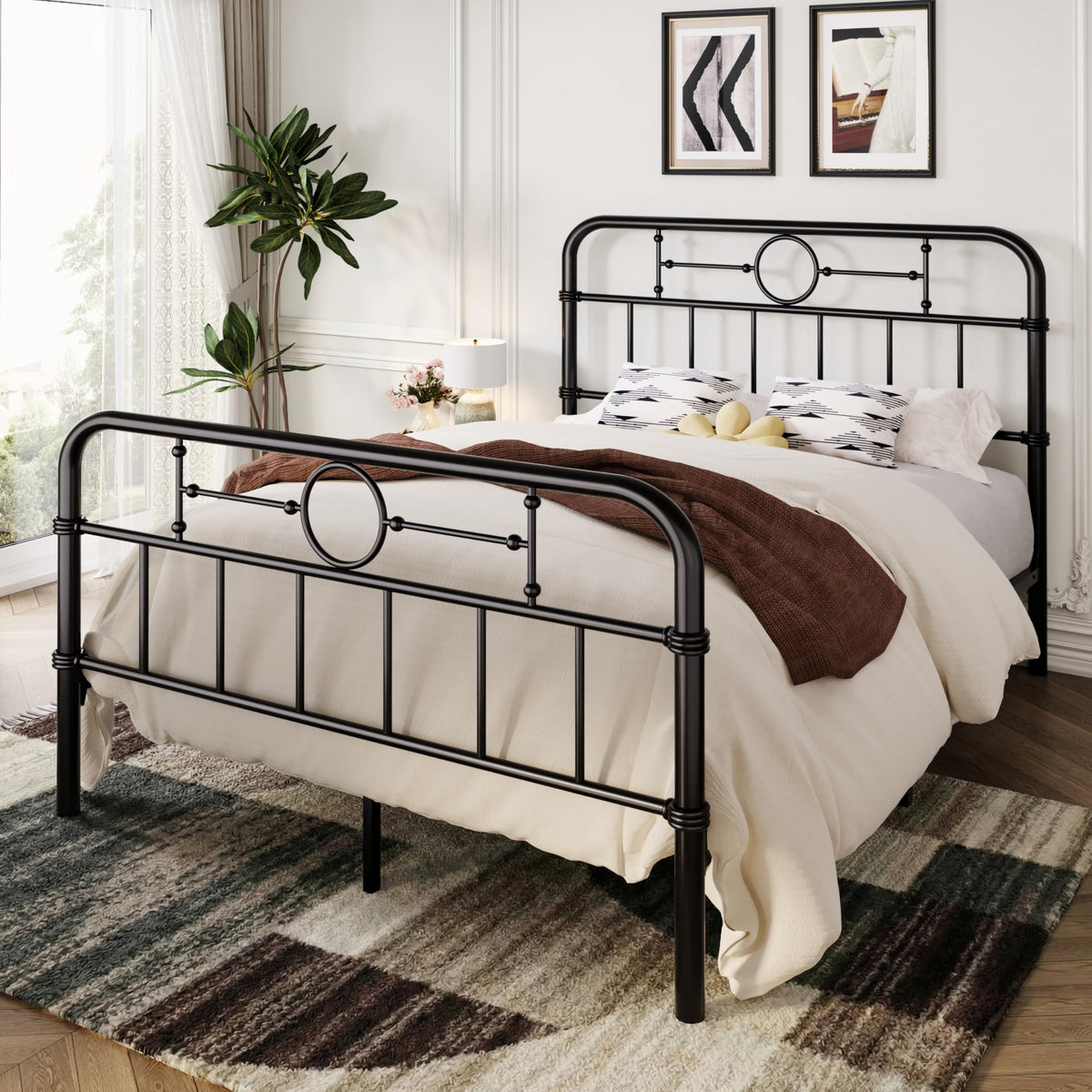 Metal Platform Bed Frame with Vintage Headboard