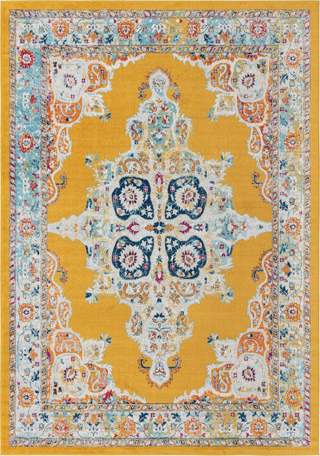 Parker Rug - Yellow Easy-Clean Rug - Vintage Medallion Style for Living Rooms and Large Bedrooms