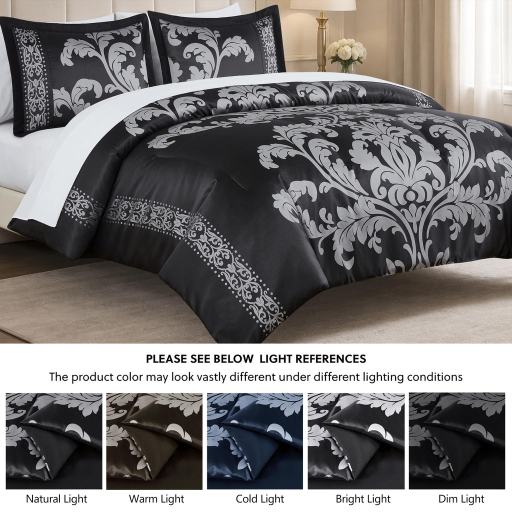 Valor 7-Piece Bed in a Bag, Black/Silver Luxury Jacquard Floral Comforter with Sheets Set for All Season