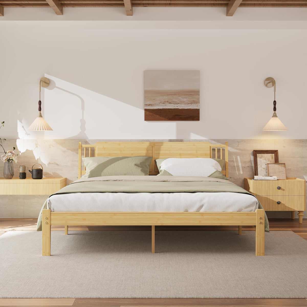 14 Inch Bamboo Wood King Bed Frame with Headboard