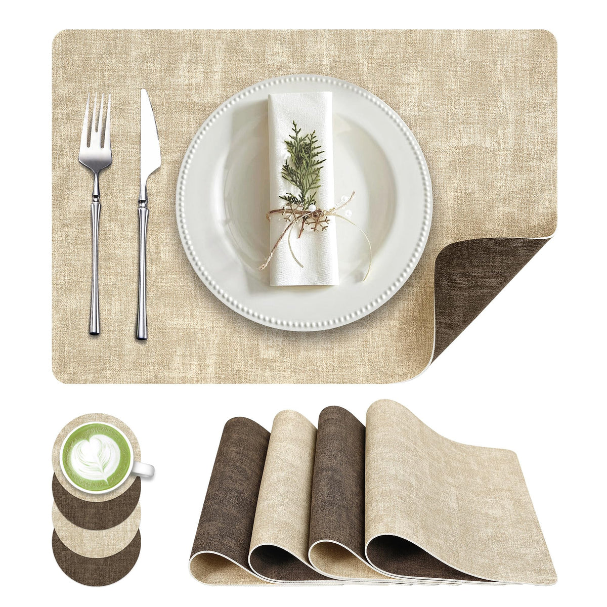 Placemats Set of 4 Wipeable Reversible Faux Leather with Coasters