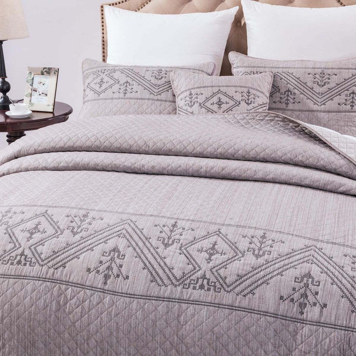 Twin 2-Piece Quilt Set, Heather Grey Embroidered Bedspread