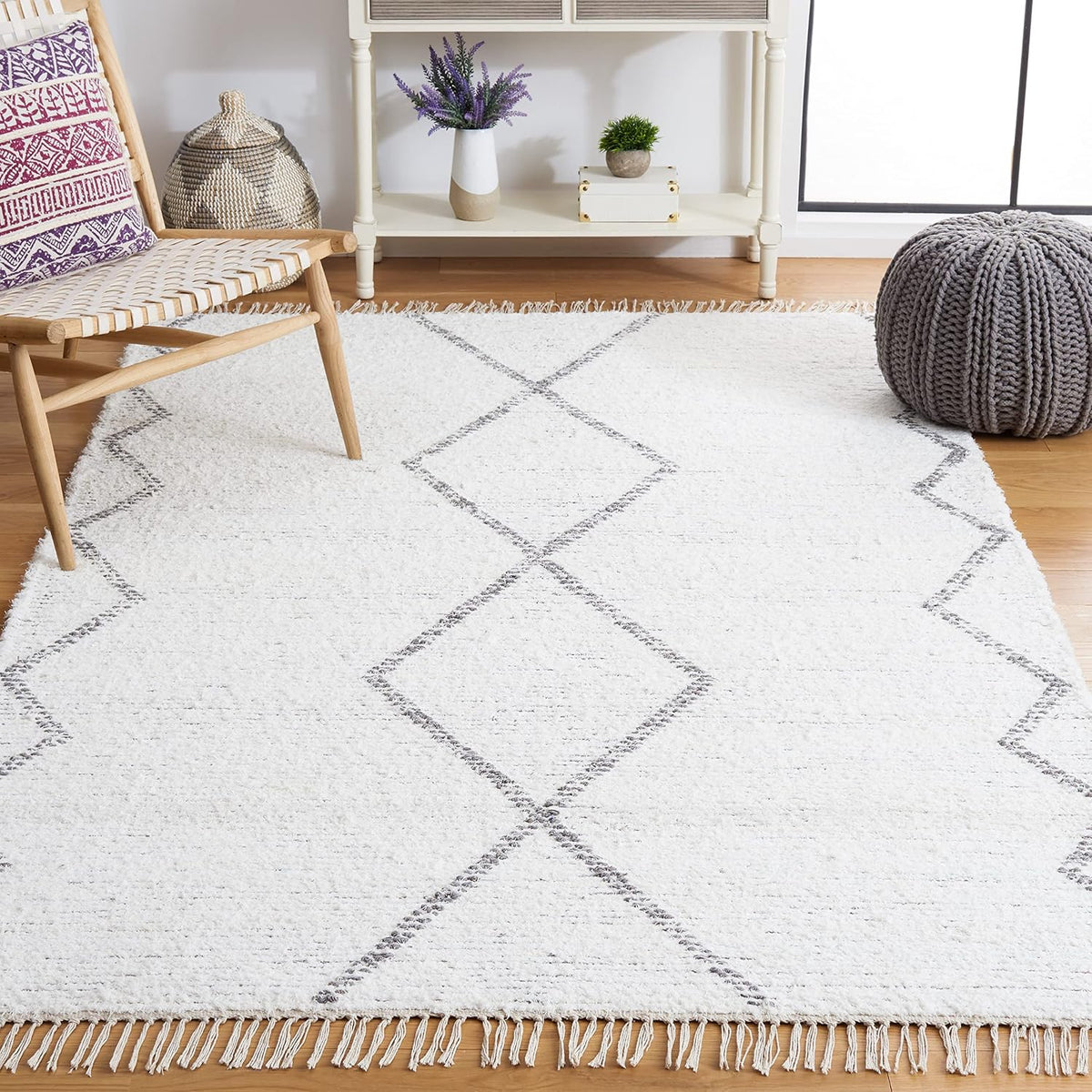 Area Rug - Casablanca Collection - Large - Ivory & Grey, Handmade Cotton, Moroccan Boho Fringe, Ideal, Dining