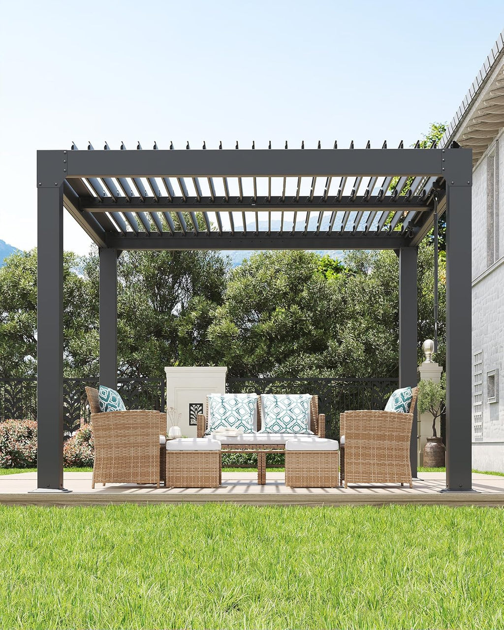 Louvered Pergola 10 ft x10', Outdoor Pergola with Adjustable Louvered Roof, Reinforced Aluminum Frame
