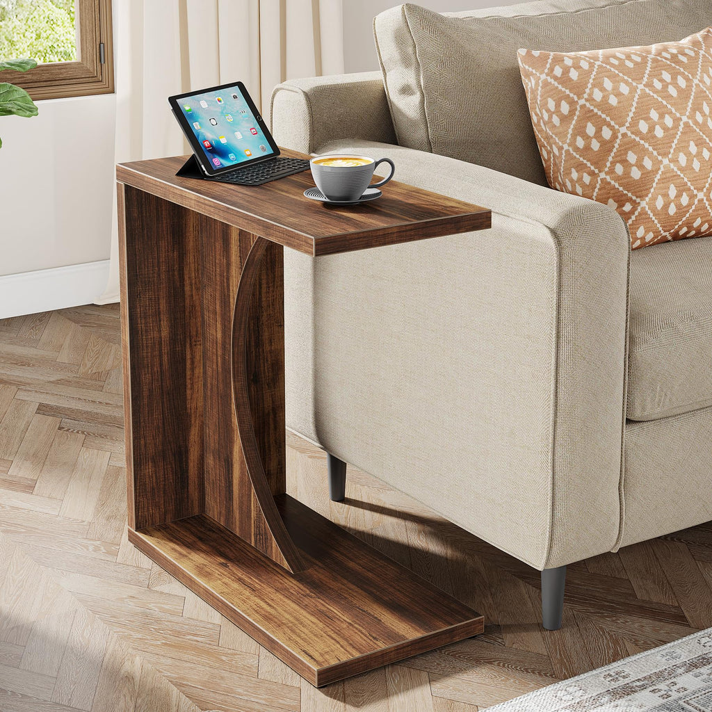 C-Shaped End Table for Couch, Sofa Side Table, C Table for Small Space, Living Room, Bedroom (1, Rustic Brown)