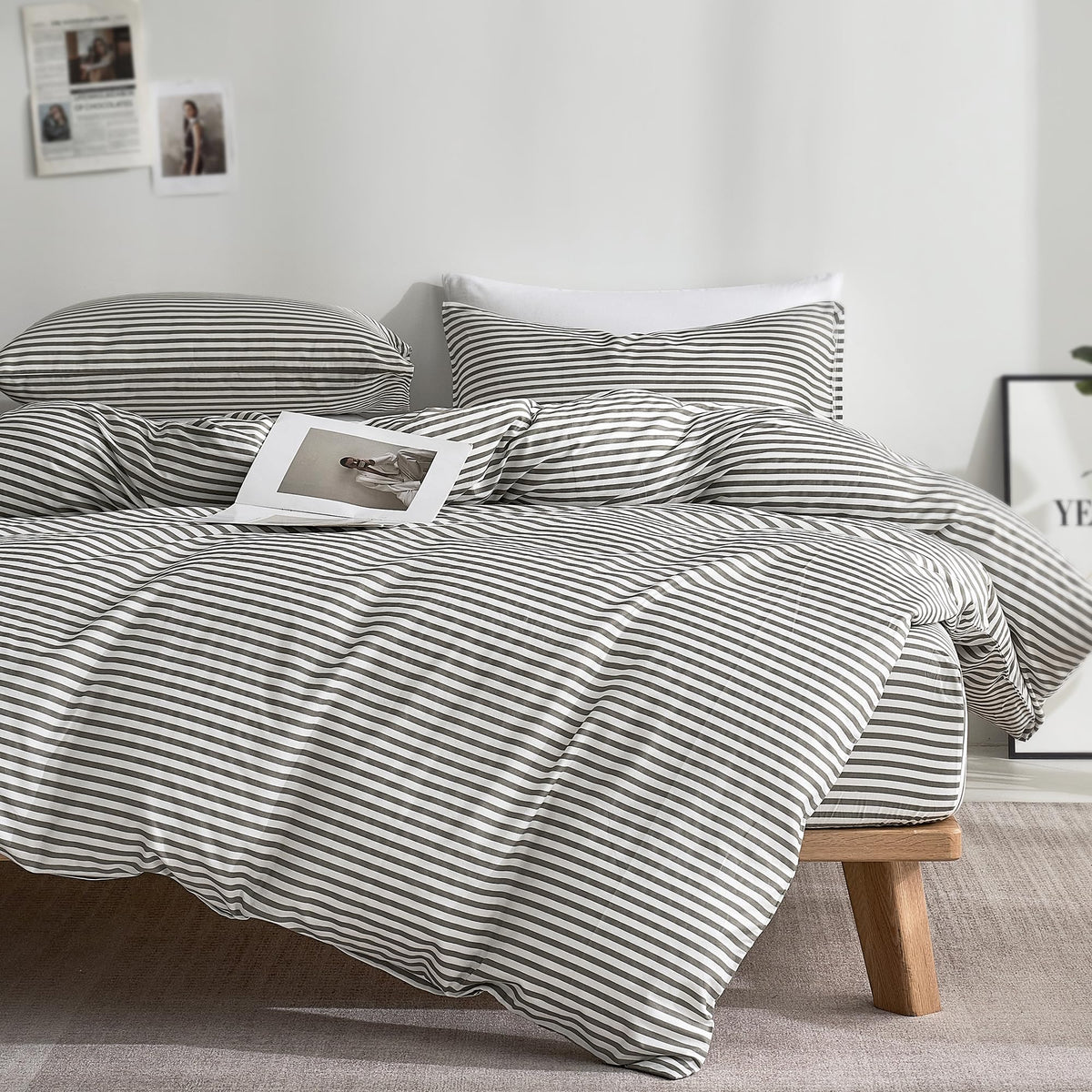 100% Cotton Classic Striped Duvet Cover Set, Grey