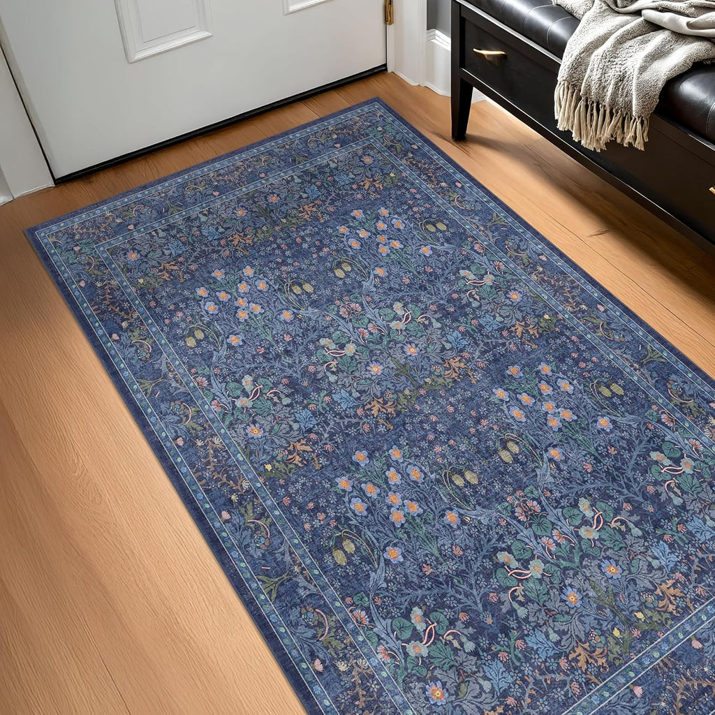 Vintage Dark Blue Area Rugs Beside Rug, Kitchen, Laundry Room, Non-Slip Low Pile Ultra Soft Stain Resistant Small