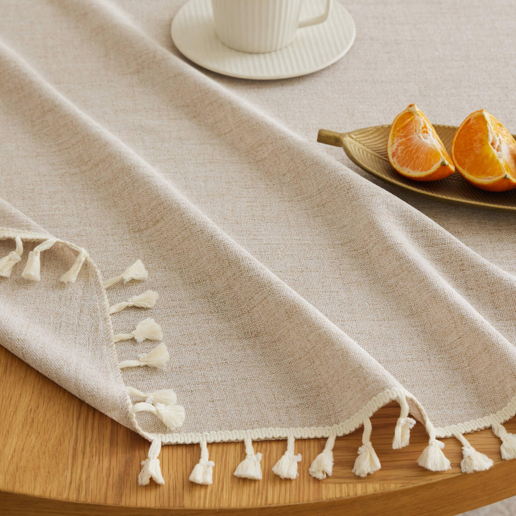 Tassel Linen Round Table Cloth, Natural 60 Inch