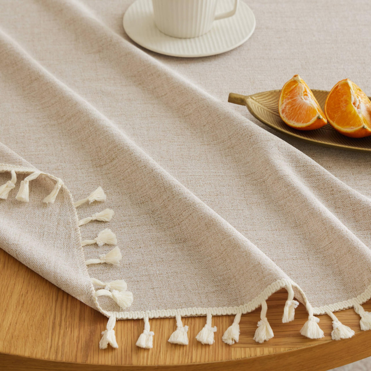 Tassel Linen Round Table Cloth, Natural 60 Inch