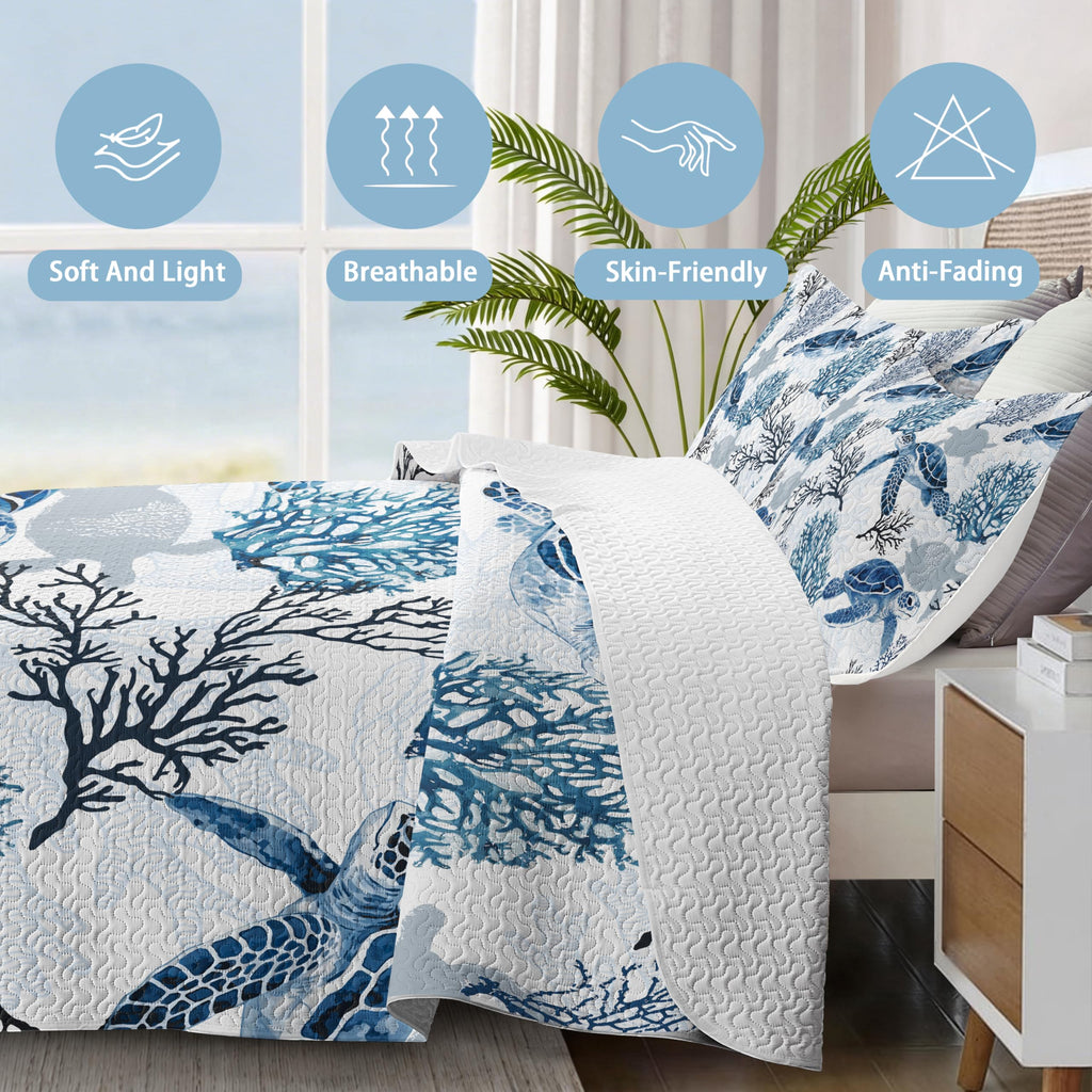 Nautical Queen Quilt Set, Coastal Sea Turtle Bedding, 3 Piece, 90"x96"