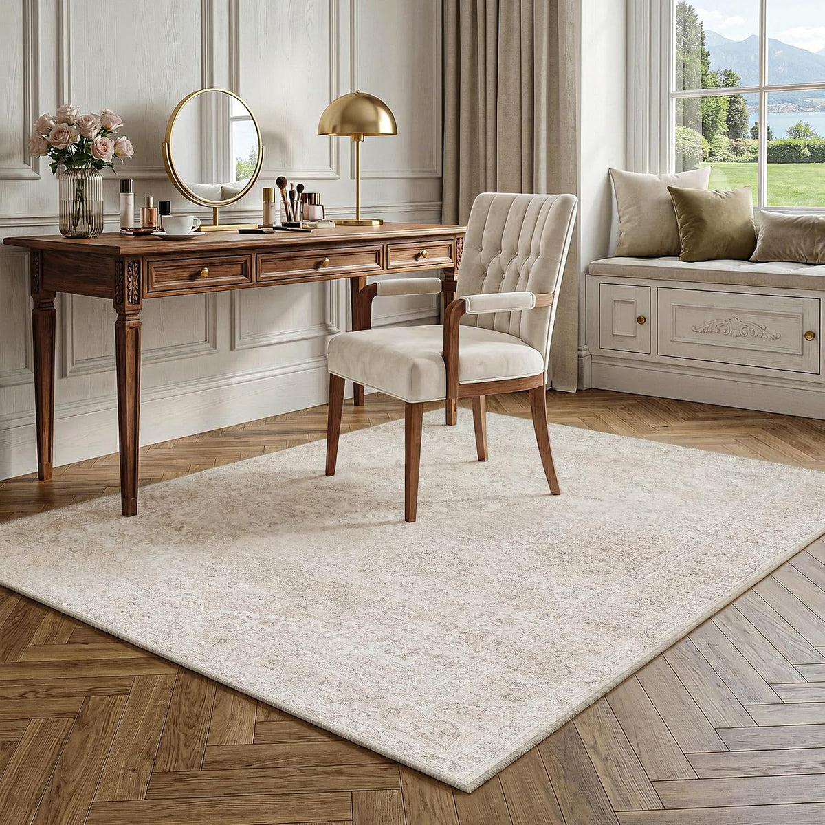 Washable Beige Neutral Vintage Floral Area Rug