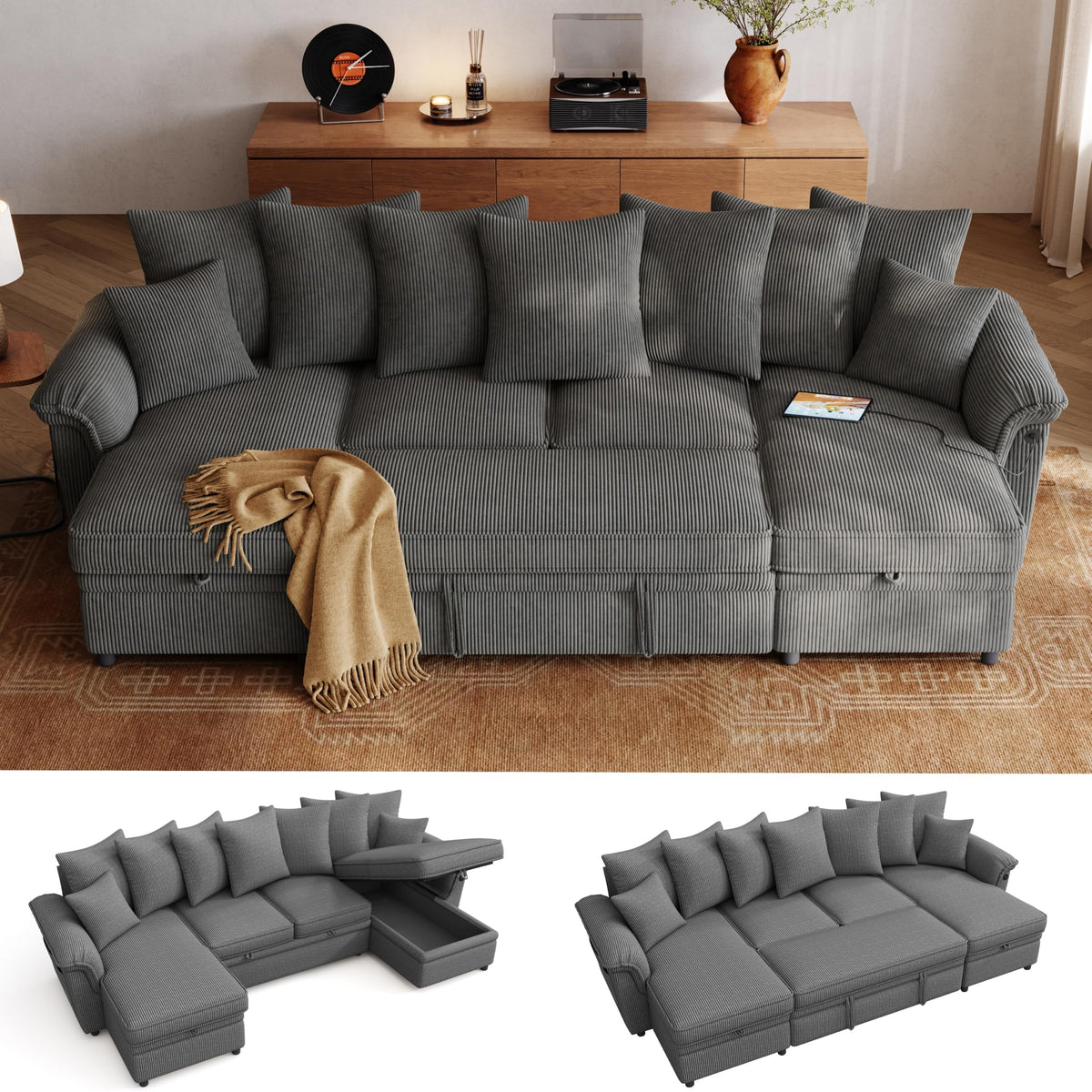 Sectional Couch with Pull Out Bed, Large Corduroy Modular Sleeper Sofa, Storage Chaise, Wide Armrest, 118" 4 Seats