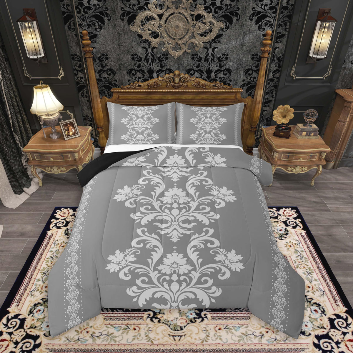 White Grey Damask Print Comforter Set King Size Bedding Set