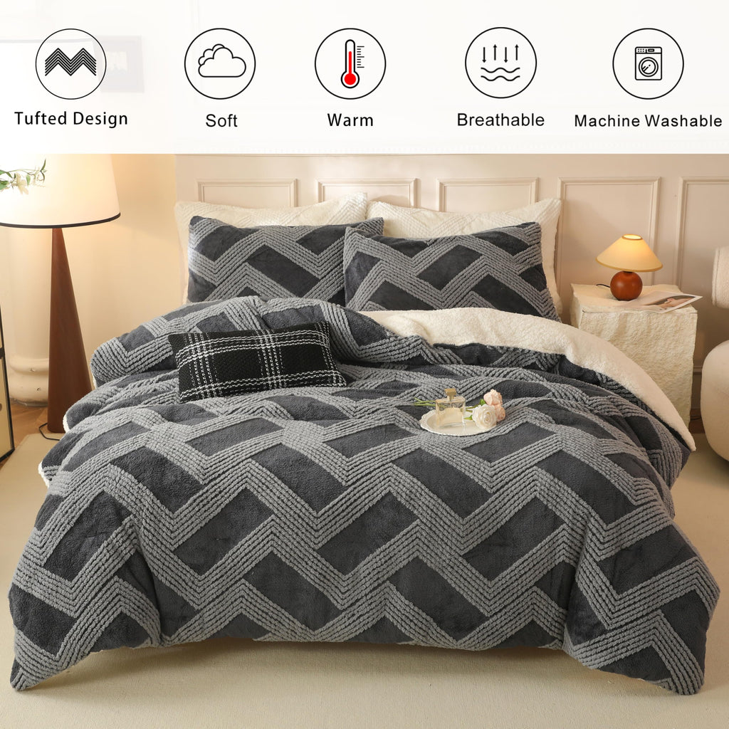 Tufted Boho Comforter Set Queen - Grey Fluffy Sherpa Bedding Set, Soft Fuzzy Jacquard Quilt Set, 3 Pieces Cozy Bed