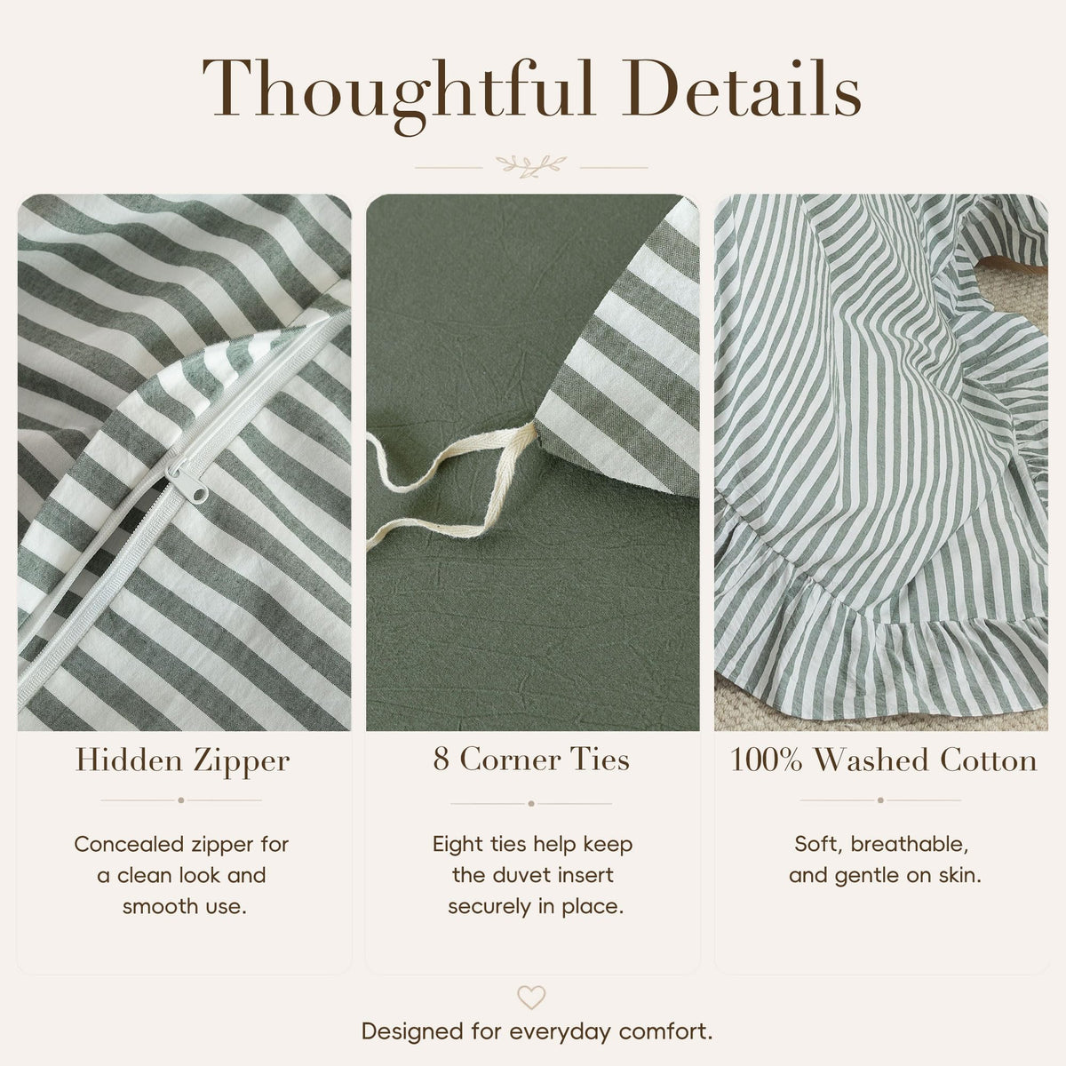 Striped Ruffle Duvet Cover Set Washed Cotton Linen Feel 3‐Pcs