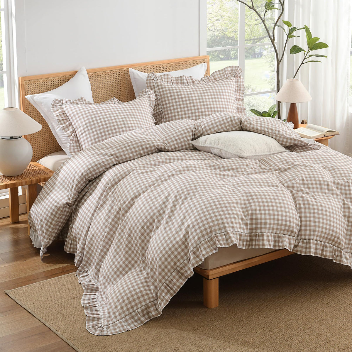 Tan Gingham Duvet Cover, Ruffle Shabby Chic Bedding Set 3 Pcs