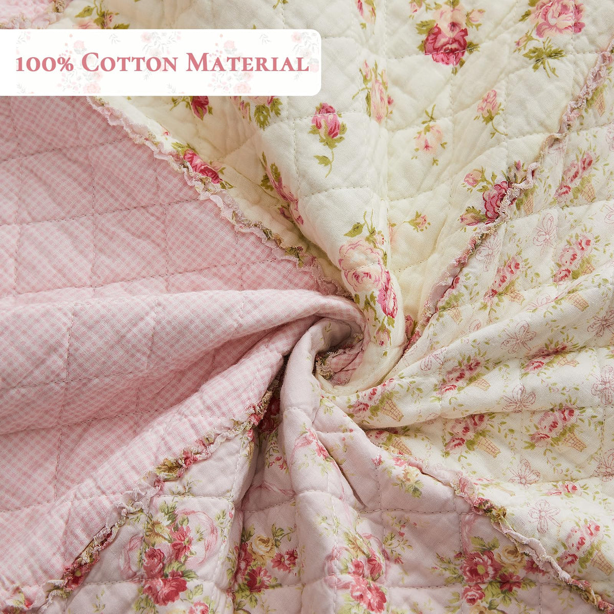 100% Cotton Patchwork Quilt Set Queen, Real Sewn, 3-Piece Pink Floral Quilt Bedding Set Reversible Lightweight