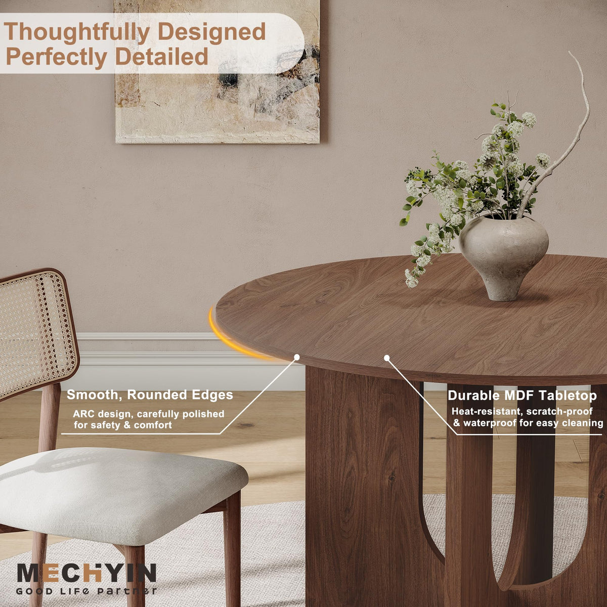 Inspired Saarinen Style Round Dining Table for 4, 43" Mid Century Kitchen Table with Sculptural U-Shaped Pedestal Base, Walnut Dinner Table
