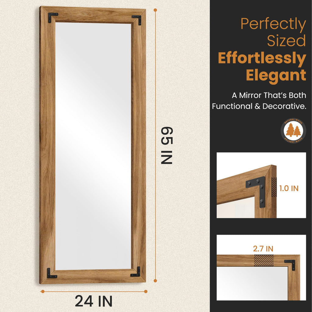 Wood Framed Full Length Mirror for Wall, 65"X24" Floor Standing Body Mirror