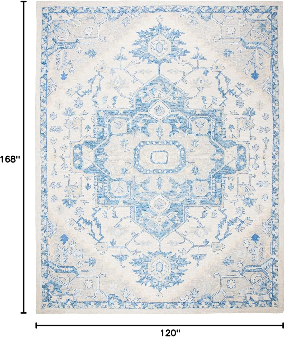 Micro-Loop IvoryBlue Handmade Shabby Chic Medallion Premium Wool Dining Area Rug
