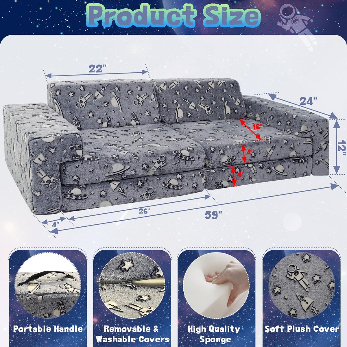Kids Play Couch, Modular Toddler Glow Sofa for Playroom Bedroom,Imaginative Convertible Play Couch for Boys
