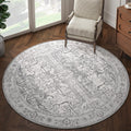 6ft Washable Indoor Round Area Rug, Vintage Floral Non-Slip, Grey