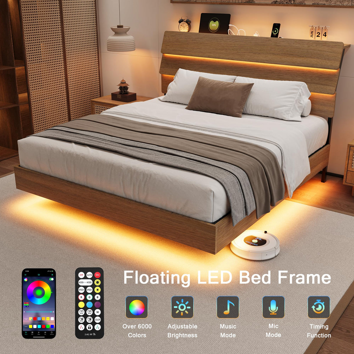 Bed Frame Queen Size with Charging Station, Led Bed Frame with Wood Storage Headboard, Heavy Duty Metal Slats, No Box