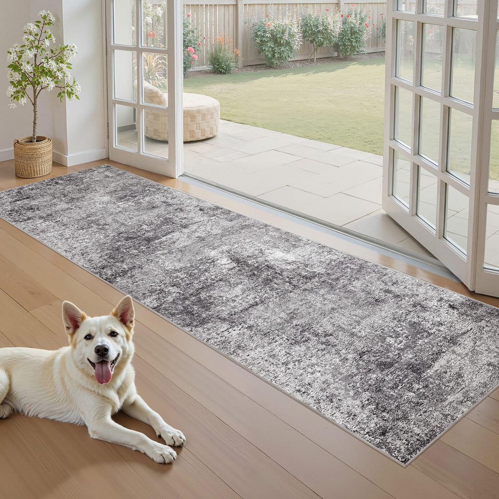 Washable Runner Rug : 2.6x8 Neutral Modern Abstract Low Pile Area Rug with Non-Slip Backing - Carpet Kitchen Laundry