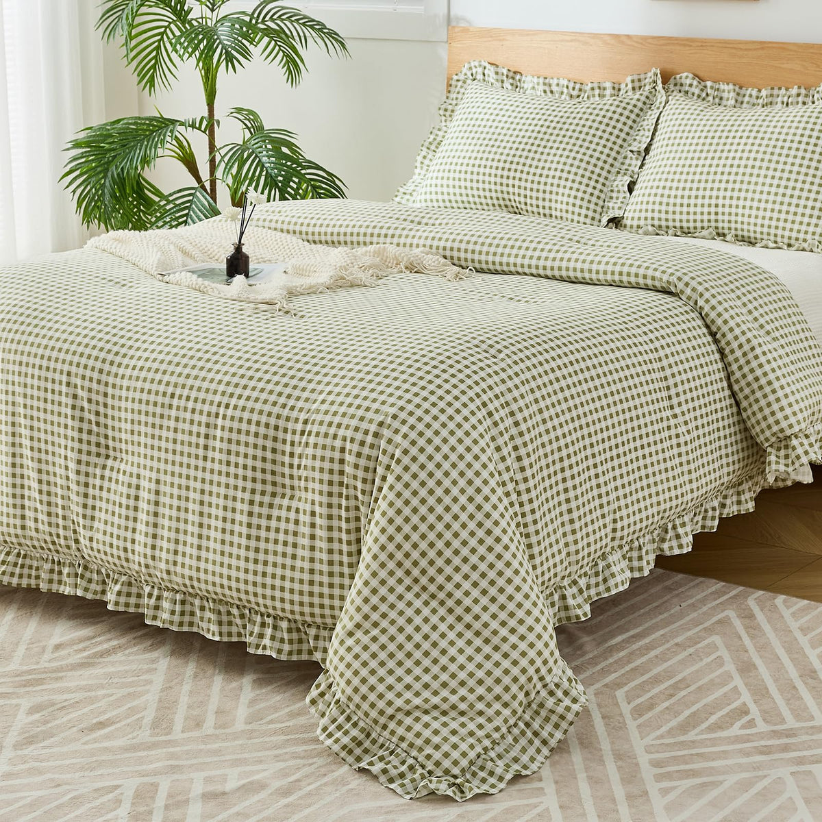 Ruffle Gingham Comforter Set Sage Plaid Farmhouse Bedding