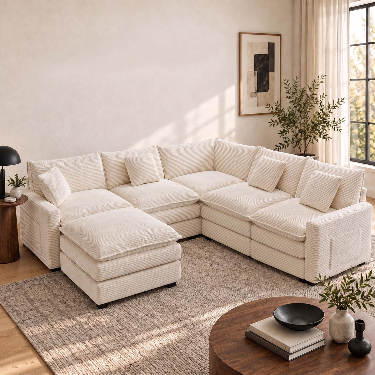 100" Modular Sectional Sofa, L-Shaped Cloud Couch with Ottoman, Beige