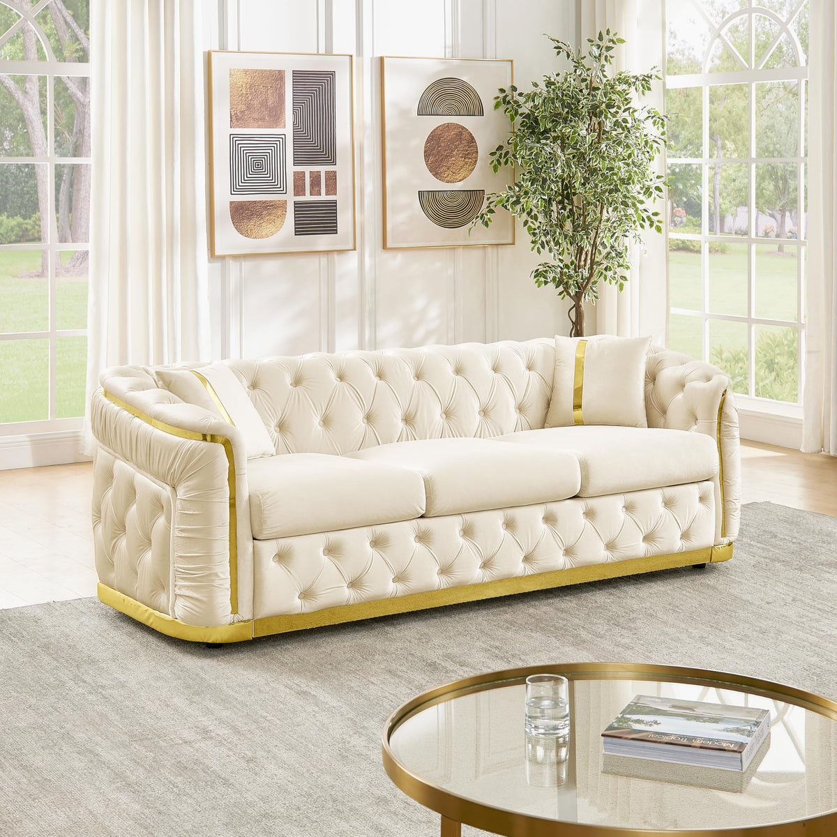 85" Luxury Oversized Chesterfield Sofa with 2 Pillow & Gold Stainless Decoration, Italian Modern Style 3-Seater