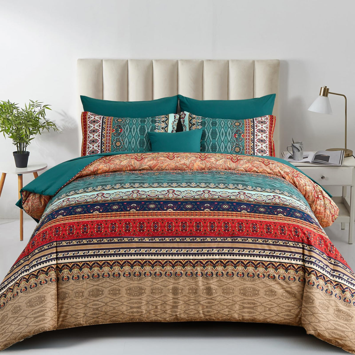 Boho Queen Comforter Set, 8 Pieces Striped Bed in a Bag