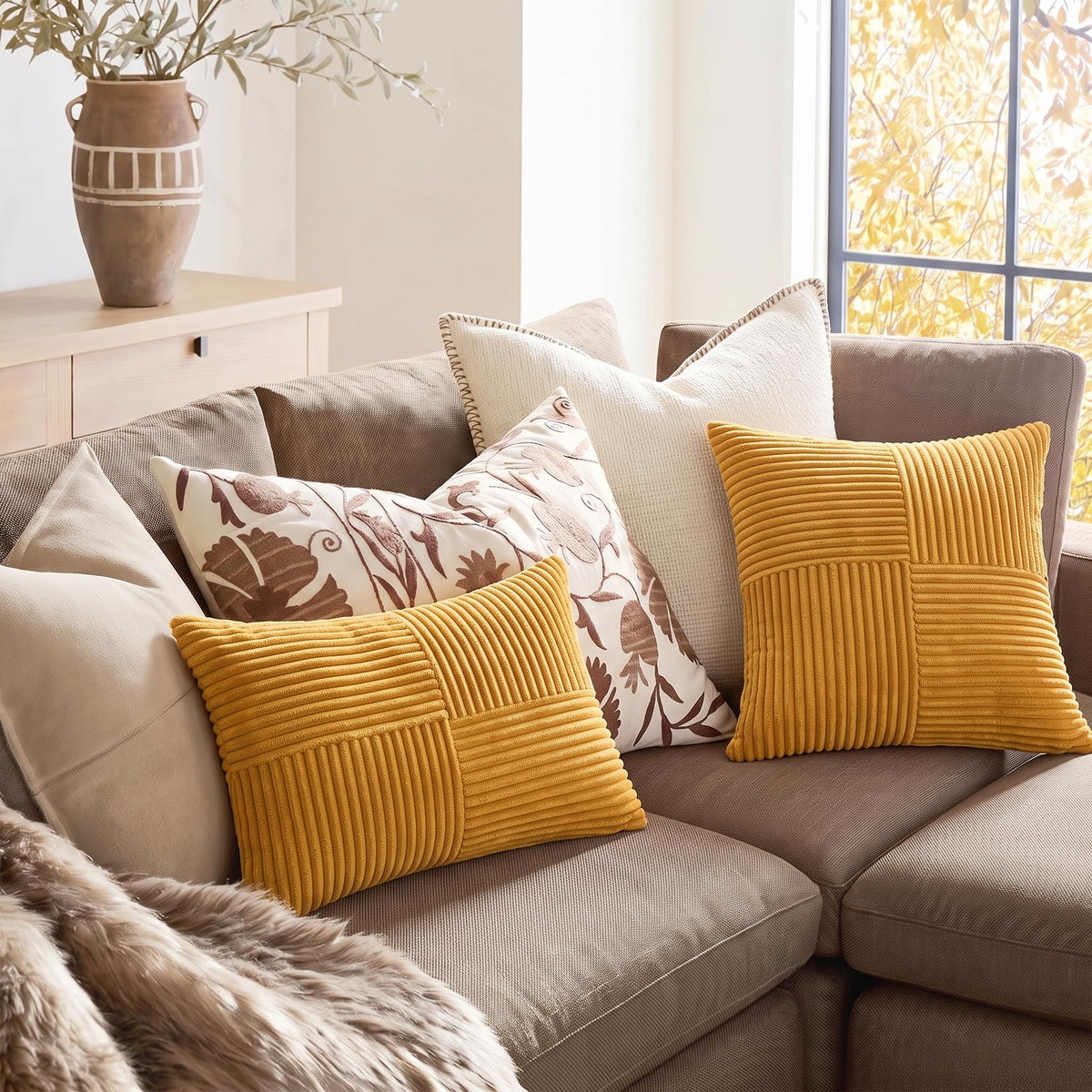 Gold Yellow Long Lumbar Decorative Throw Pillow Covers 16x24 Inch Couch Bed, Boho Farmhouse Fall Home Decor, Soft