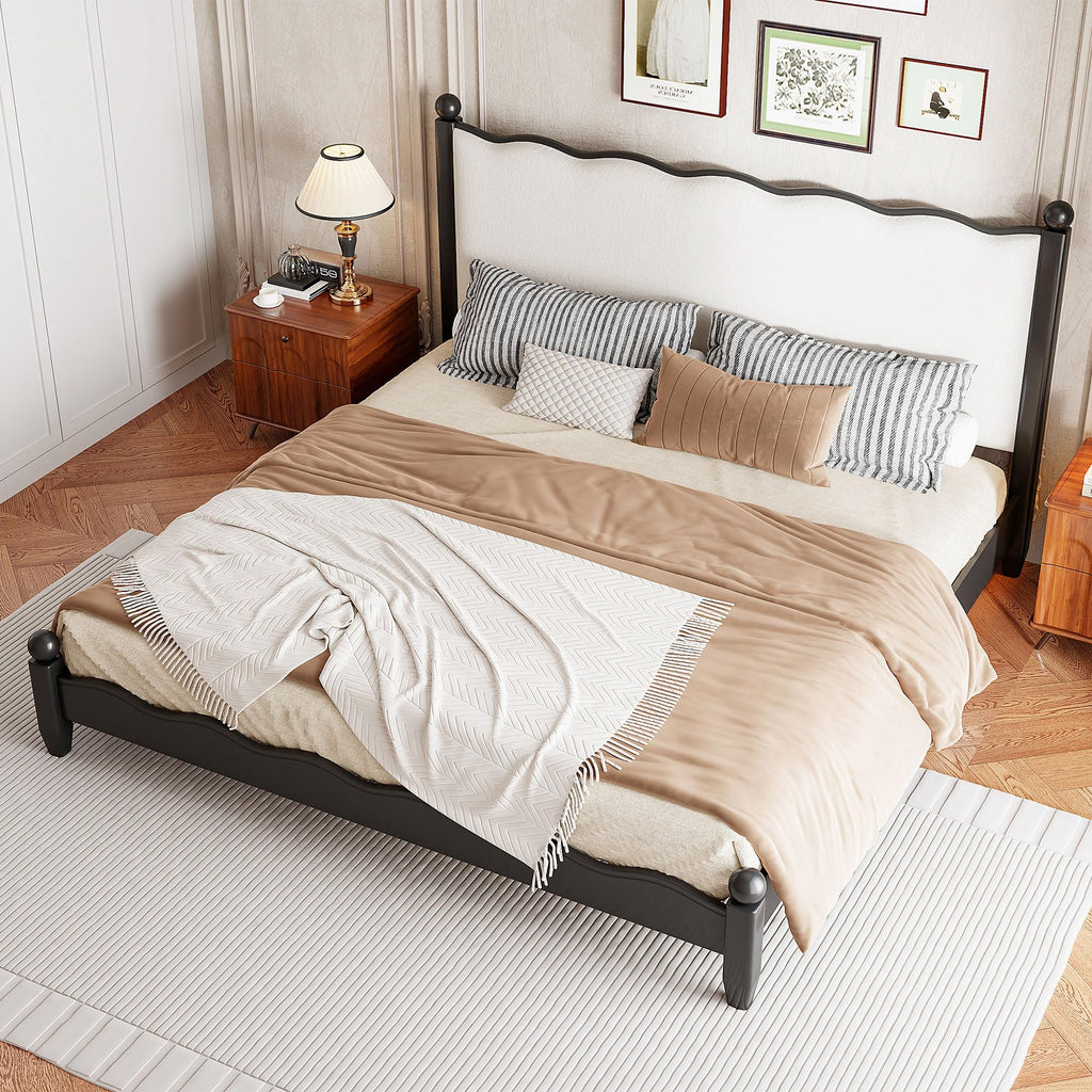 Modern Solid Wood Bed Frame with Upholstered Headboard, Queen Size Rustic Platform Frame with Sturdy Wood Legs/No Box
